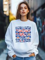 Bon&Bon Women's Heart Print Sweatshirt | Loose Fit Crew Neck Pullover White / M