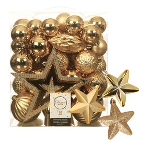 56x stuks kunststof kerstballen en ornamenten met ster piek goud