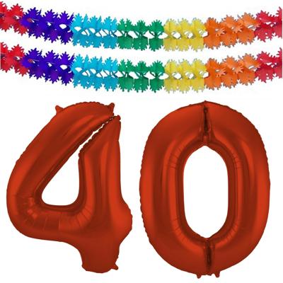 Folat Verjaardag Leeftijd folieballon - 40 jaar - rood - 86 cm - incl 2x slingers