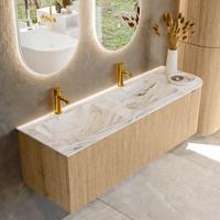 Badmeubel Mondiaz Kurve-Dlux | 145 cm | Meubelkleur Oak | Wastafelkleur Glace | Solid surface | Dubbele spoelbak | 2 kraangaten