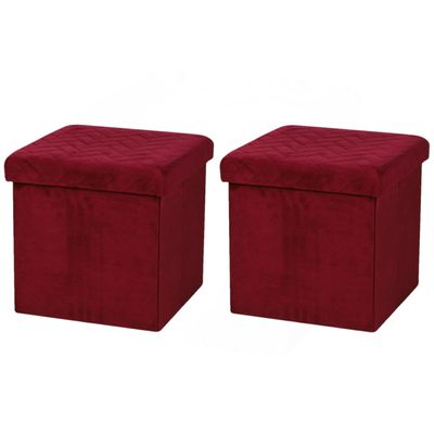 Poef/hocker - 2x - opbergbox zit krukje - velvet rood - polyester/mdf - 38 x 38 cm - opvouwbaar