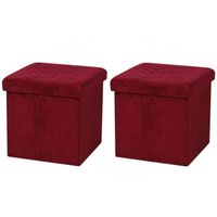 Poef/hocker - 2x - opbergbox zit krukje - velvet rood - polyester/mdf - 38 x 38 cm - opvouwbaar - thumbnail