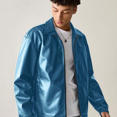 Manfinity Men's PU Leather Casual Jacket - Urban Black Drop Shoulder Teal Blue / XXL