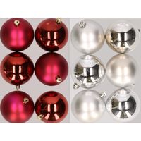 12x stuks kunststof kerstballen mix van donkerrood en zilver 8 cm - thumbnail