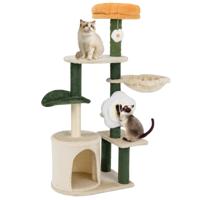 114 cm Krabpaal Kattenboom met Kattenmand Bloemenvormig Zitvlak Bal Hangmat Sisalplank en Krabzuilen Kattenkrabpaal van Hout