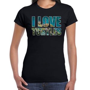 Tekst t-shirt I love turtles met dieren foto van een schildpad zwart voor dames