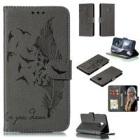 Feather patroon Litchi textuur horizontale Flip lederen draagtas met portemonnee & houder & kaartsleuven voor Galaxy J4 (2018) (grijs)