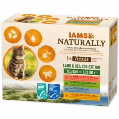 Iams Naturally Adult Land & Sea Collection in gravy natvoer kat (12x85gr) 48 x 85 g
