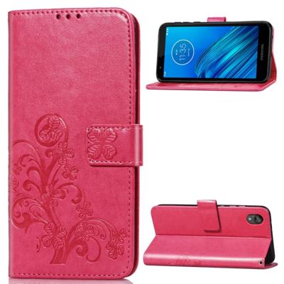 Voor moto E6 vier-blad clasp reliëf gesp mobiele telefoon bescherming lederen draagtas met Lanyard & Card slot & portemonnee & beugel functie (magent