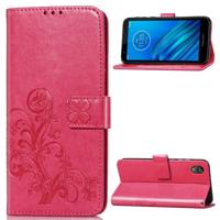 Voor moto E6 vier-blad clasp reliëf gesp mobiele telefoon bescherming lederen draagtas met Lanyard & Card slot & portemonnee & beugel functie (magent