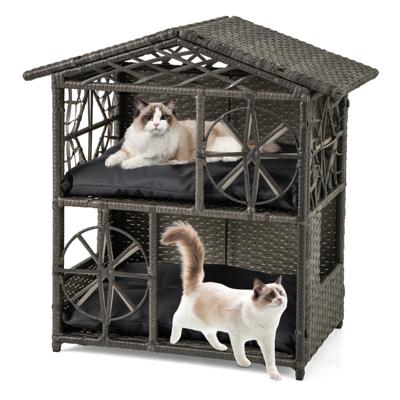 2-verdieping Rieten Kattenhuis met Afneembare Kussens Verhoogde Kattenkast Kattenhol