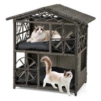 2-verdieping Rieten Kattenhuis met Afneembare Kussens Verhoogde Kattenkast Kattenhol