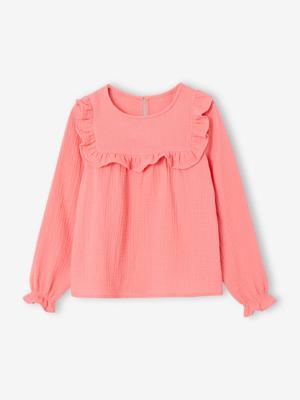 Meisjesblouse met ruches van katoengaas koraal