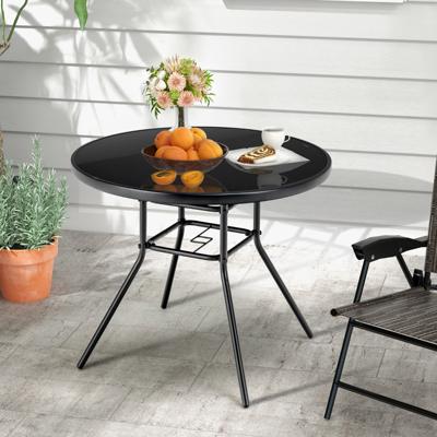 Ronde Tuintafel van Gehard Glas Bijzettafel voor Buiten met een Parasolgat van 3,5 cm Eettafel met Stevig Metalen Frame Zwart