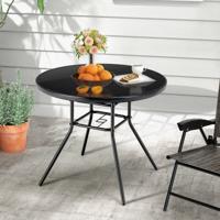Ronde Tuintafel van Gehard Glas Bijzettafel voor Buiten met een Parasolgat van 3,5 cm Eettafel met Stevig Metalen Frame Zwart