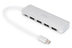 Digitus DA-70242-1 USB 3.2 Gen 1-hub 4 + 1 poorten Met snellaadpoort, Met USB-C stekker, Met aluminium behuizing Zilver