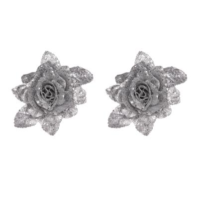 Kerstboomversiering Bloemen - 2x - 10 cm - zilver glitter - op clip - ornament - roos