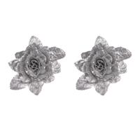 Kerstboomversiering Bloemen - 2x - 10 cm - zilver glitter - op clip - ornament - roos