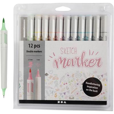 Creativ Company Tekenstiften, lijndikte 1+2-5 mm, pastelkleuren, 12 stuk/ 1 doos