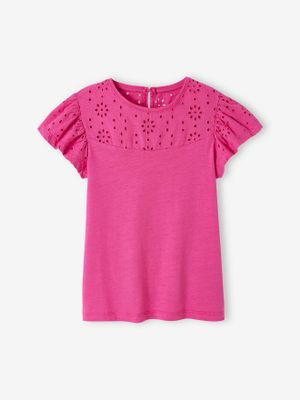 Meisjesshirt van Engels borduurwerk en mouwen met stroken fuchsia