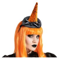 Halloween heksenhoed - mini hoedje op diadeem - one size - zwart/oranje - meisjes/dames