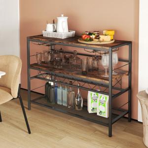 Huisbar Kast met 4 Rijen Glashouder en Wijnrek voor 7 Wijnflessen Keukenrek 4 Niveaus Metalen Frame voor Keuken Woonkamer Bruin