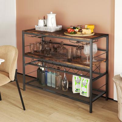 Huisbar Kast met 4 Rijen Glashouder en Wijnrek voor 7 Wijnflessen Keukenrek 4 Niveaus Metalen Frame voor Keuken Woonkamer Bruin