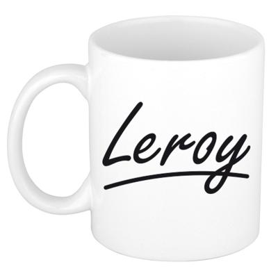 Leroy Naam koffiemok - beker - met sierlijke letters - wit - 300 ml - Cadeau - Heren