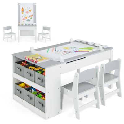 Multifunctionele Kunst Tafel en Stoel Set voor Kinderen Activiteit Bureau met Lift-Up Lade Papierrol Verf Bekers en 6 Opbergbakken Grijs
