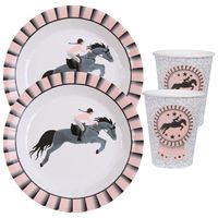 Paarden thema feest wegwerp servies set - 10x bordjes / 10x bekers - grijs/roze - thumbnail