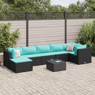 8-delige Loungeset met kussens poly rattan zwart