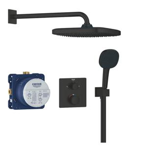 Grohe Precision showerset compleet m. handdouche ø11cm m. 2 straalsoorten en hoofddouche 25x25cmm. inbouw douchekraan therm. vierkant m. omstel mat zwart 348822430