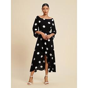 Dames Elegante jurk Halflange jurk Zwart 3/4 mouw Polkadot Asymetrische zoom Uit de schouder Lente zomer Schouderafhangend Elegant Romantisch S M L