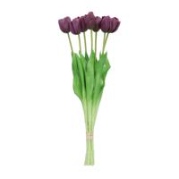 Kunst tulpen boeket - 7x stuks - donker paars - real touch - 43 cm - thumbnail