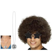 Carnaval verkleedset afropruik bruin/sterren bril/ketting - heren/dames - Seventies/disco thema