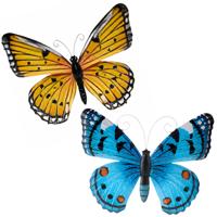 Wanddecoratie vlinders - 2x stuks - geel en blauw - 34 x 28 cm - metaal - muurdecoratie tuin