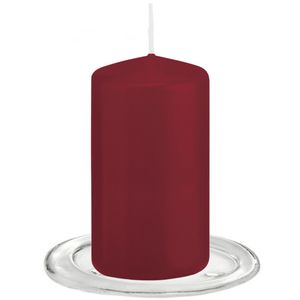 Trend Candles - Stompkaarsen met glazen onderzetters set van 2x stuks - bordeaux rood 6 x 12 cm