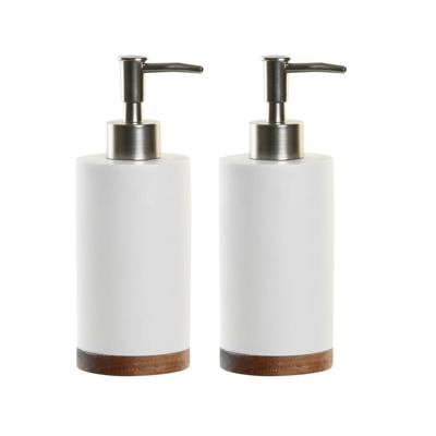 Items Zeeppompje/dispenser - 2x - wit - keramiek/acaciahout - 7 x 19 cm - toilet/badkamer/keuken