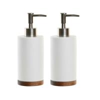 Items Zeeppompje/dispenser - 2x - wit - keramiek/acaciahout - 7 x 19 cm - toilet/badkamer/keuken