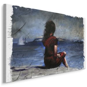 Schilderij - Vrouw in Rode Jurk op het Strand, Print op canvas