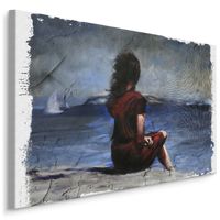 Schilderij - Vrouw in Rode Jurk op het Strand, Print op canvas - thumbnail