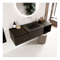 Mondiaz Bukla 140cm badmeubel met open module 40 rechts dark brown 2 lades met wastafel rechts zonder kraangat kleur urban
