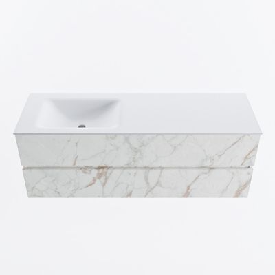 MONDIAZ VICA 140cm badmeubel onderkast Carrara 2 lades. Wastafel CLOUD links zonder kraangat, kleur Talc.