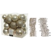 Kerstversiering kerstballen 6-8-10 cm met folieslingers pakket parel/champagne van 28x stuks