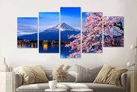 Karo-art Schilderij - Kersenbloesem en mount Fuji, 5 luik, 200x100cm  Wanddecoratie, premium print