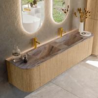 Badmeubel Mondiaz Kurve-Dlux | 180 cm | Meubelkleur Oak | Wastafelkleur Oza | Solid surface | Wasbak beide zijden spoelbak | 2 kraangaten