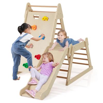 Drie-in-één Klimrek met Glijbaan Klimrek met Ladder Houten Klimset-Naturel