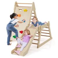 Drie-in-één Klimrek met Glijbaan Klimrek met Ladder Houten Klimset-Naturel