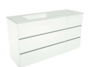 Storke Edge staand badkamermeubel 150 x 52,5 cm mat wit met Mata asymmetrisch linkse wastafel in matte Solid Surface
