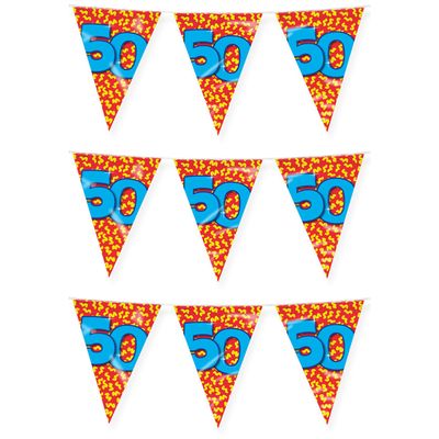 Verjaardag 50 jaar thema vlaggetjes - 3x - feestversiering - 10m - folie - dubbelzijdig